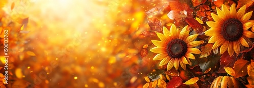 Bright Sunflowers Amidst Vibrant Autumn Leaves in a Warm Golden Atmosphere