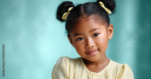 Young Girl Poses With Confidence and a Cheerful Expression in Bright Yellow A...