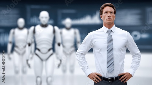 A businessman confidently stands with robots in the background, suggesting leadership in automation, technology, and innovation.
