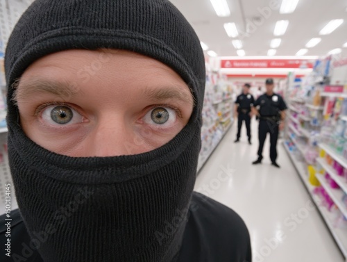 Close-up of person wearing balaclava, security guards in background aisle, shoplifting, theft, robbery.
