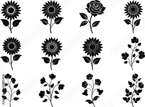 Sunflower Rose Floral Vector Silhouette Bundle Elegant Botanical Flower Set