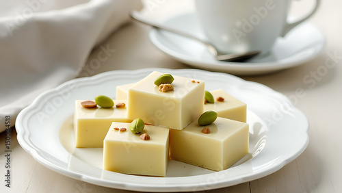 image shows plate white chocolate fudge pistachios nuts accompanied cup coffee plate placed table