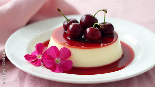 image shows plate flan topped cherries flowers flan creamy white color cherries deep red