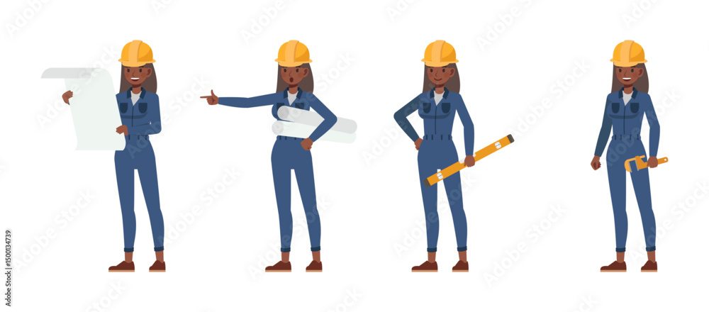 Obraz premium Female worker wearing blue jumpsuit working character vector illustration design set.
