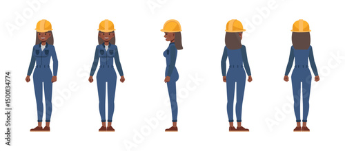 Woman worker wearing blue jumpsuit front, side and back view character vector illustration design set. Presentation in various action.