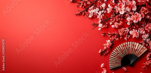 Cherry Blossoms and a Red Fan Create a Vibrant Decoration for an Asian Cultur...