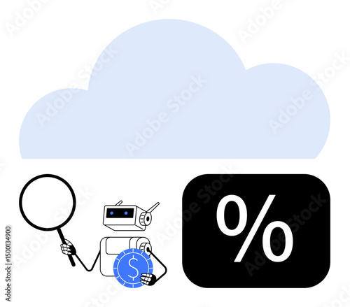AI robot holding magnifying glass and coin under cloud, next to percentage block. Ideal for finance, technology, data analysis, cloud storage, AI research, modern economy innovation. Flat simple