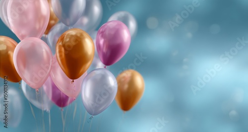 Colorful Balloons Floating Softly Against a Dreamy Blue Background During a C...