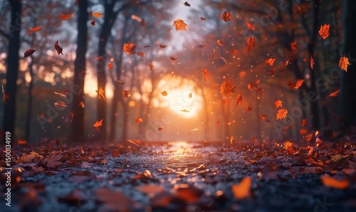 Autumn Leaves Dance in the Golden Light of Sunset Along a Tranquil Pathway