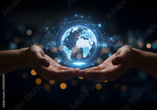 Global network technology hands holding earth hologram communication worldwide connection digital world