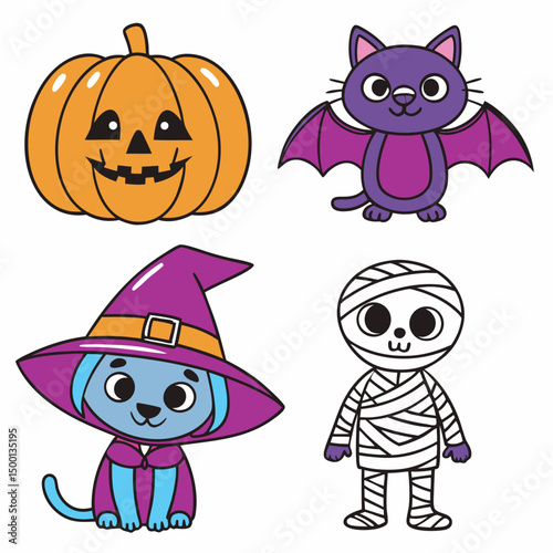 set of halloween elements Adorable halloween cartoon characters pumpkin bat witch dog mummy