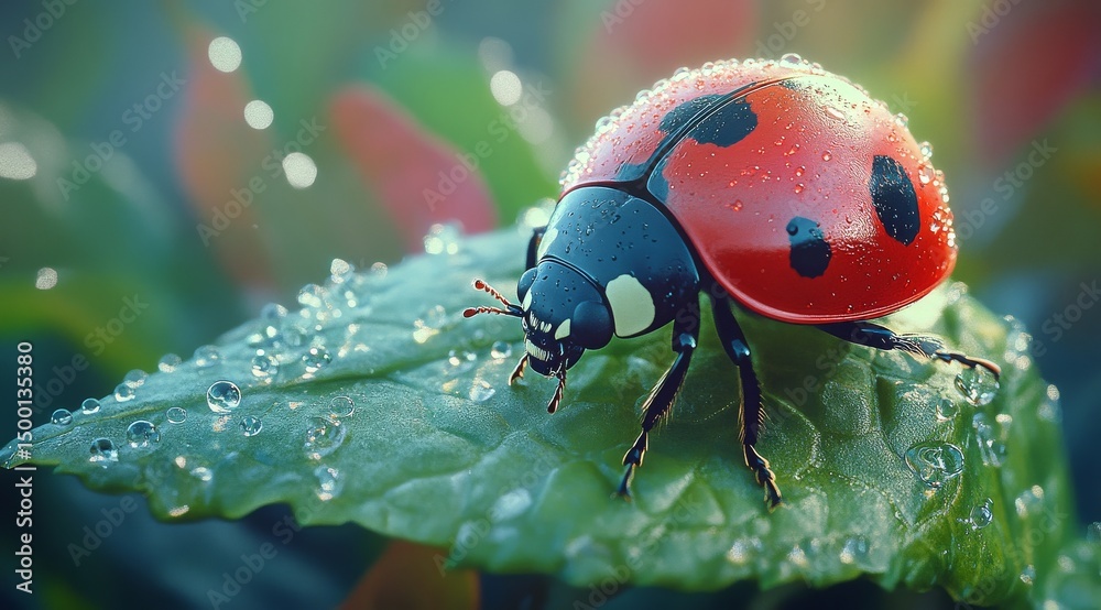 Obraz premium Close-up of a Ladybug Resting on a Dewy Green Leaf in a Vibrant Garden Setting During Morning Light