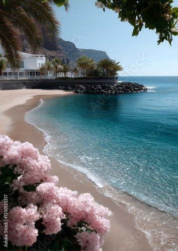 Serene Beach View With Mountain Backdrop and Coastal Palm Trees in Bright Day...