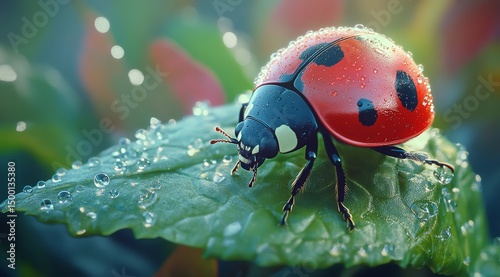 Close-up of a Ladybug Resting on a Dewy Green Leaf in a Vibrant Garden Settin...