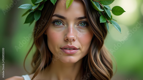 image shows woman freckles wreath leaves head set blurred