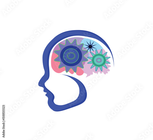 A vector drawing represents brain power gear design.. Head and brain gears in progress. concept of human thinking.

