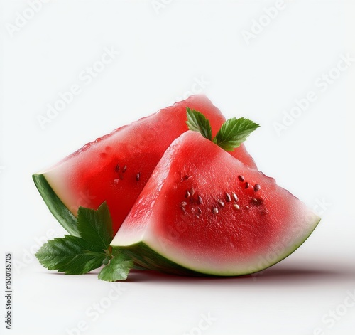 Fresh Watermelon Slices Arranged With Mint Leaves on a White Background for a...