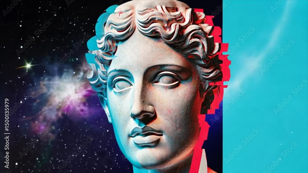 Exploration of classic art and cosmic themes in a vibrant digital landscape