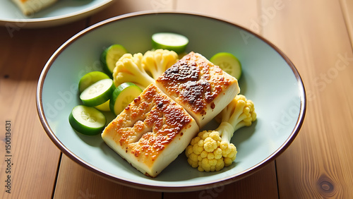 image shows wooden table bowl filled seared halibut cucumber cauliflower bowl filled brim