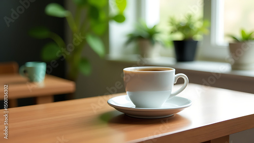 Wallpaper Mural image shows wooden table cup coffee potted plant cup sitting saucer plants Torontodigital.ca