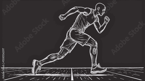 Athletic man sprinting on track with a prosthetic leg in motion  