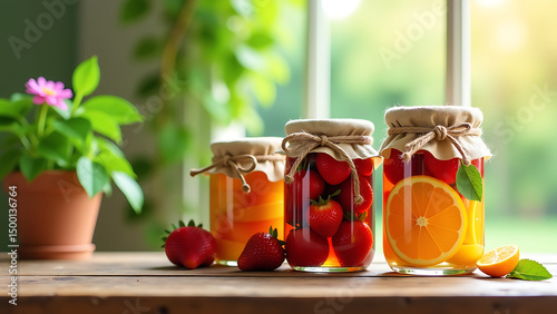 image shows three glass jars filled different types fruit sitting top wooden table jars filled variety