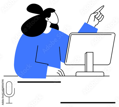 Woman with flowing hair, pointing while working at a desk with computer, microphone displayed. Ideal for communication, technology, empowerment, education, presentation, online meetings simple