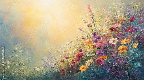 The painting depicts a serene scene of a field of flowers with a bright blue sky in the background