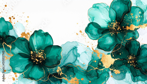 Fototapeta Naklejka Na Ścianę i Meble -  Elegant emerald green flowers with golden accents in an artistic floral design showcasing watercolor techniques and modern aesthetics