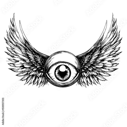 A mystical winged eye illustration with detailed pen-and-ink technique, evokes a sense of spiritual insight and protective vision, the eye is the window to soul.