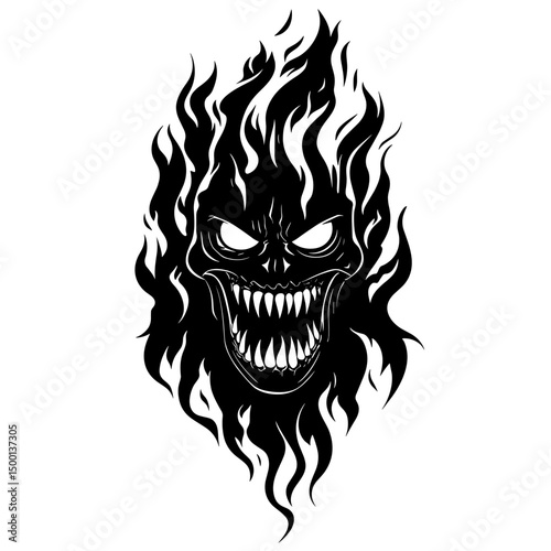 An illustration of a demon's skull engulfed in fierce flames, rendered in striking monochromatic tones, evokes a sense of impending doom and malevolence.