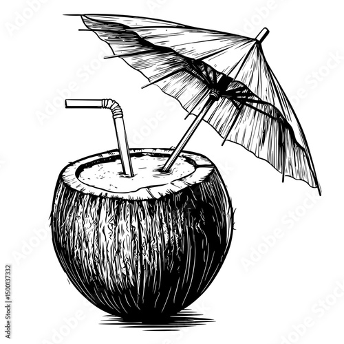 A refreshing tropical drink artfully served in a halved coconut shell, garnished with a decorative paper umbrella and a stylish straw, offering a moment of tropical relaxation.
