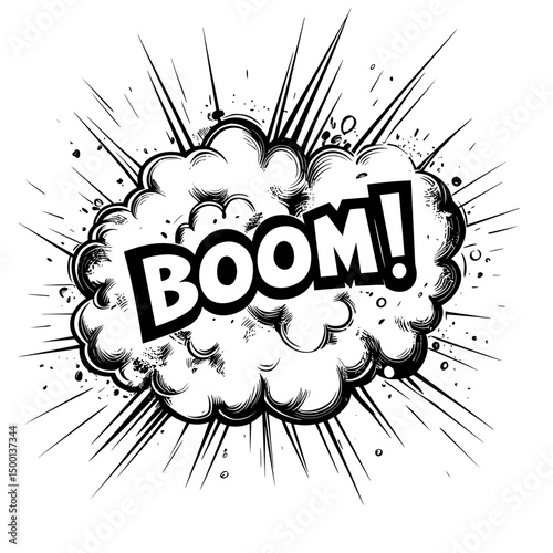 The powerful, dramatic “BOOM!” explosion radiates outwards from the center in an action-packed illustration, designed with dynamic lines and shading to maximize impact.