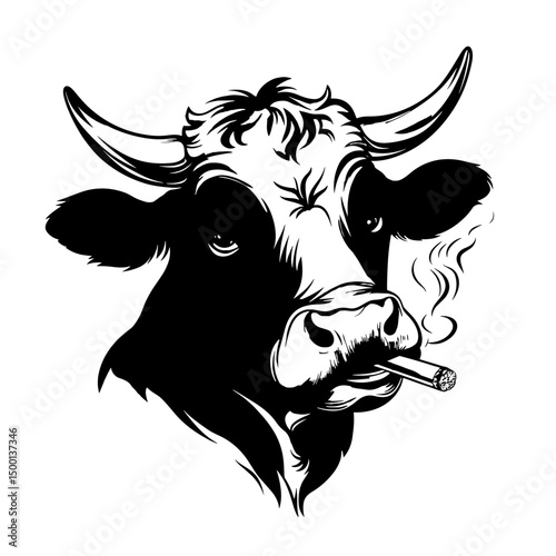 A cool cow with a lit cigar exudes confidence and a laid-back attitude in this striking illustration.