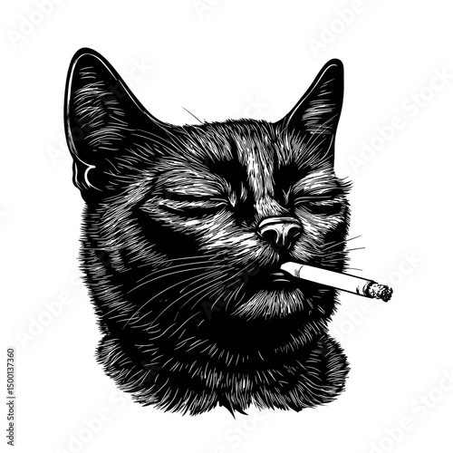 A stylish black cat smokes a cigarette with an expression of relaxed coolness and defiance, created with bold lines, dramatic shading, and a touch of street art.