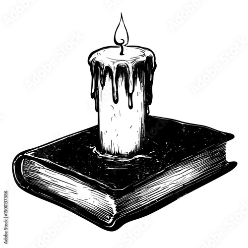 An aged and textured book supports a lit candle, the wax dripping down to form an eerie image with the flickering of the flame. The illustration style has a dark, mysterious feel.