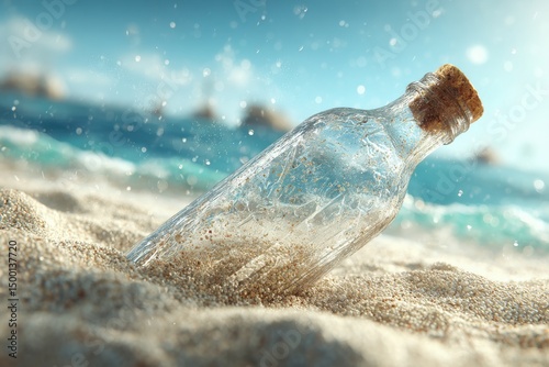 A clear glass bottle with a cork stopper half buried in the sand on a sunny beach with the ocean in the background, conveying a message in a bottle concept.