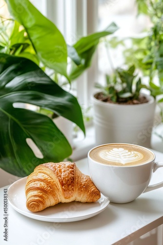 Delicious Croissant and Latte on a Bright Table With Green Plants in a Cozy C...