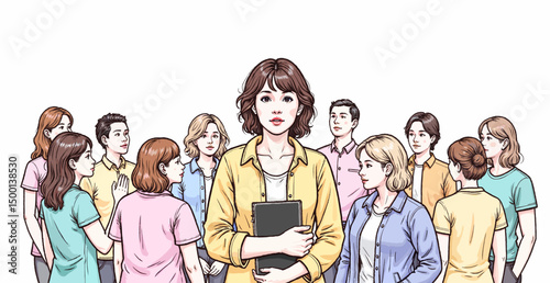 Professional woman standing confidently among group of colleagues  