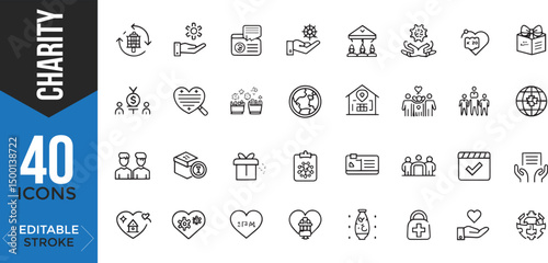 Charity & Social Welfare Icon Set – Thin Line Editable Stroke Icons for Philanthropy & Community Support

