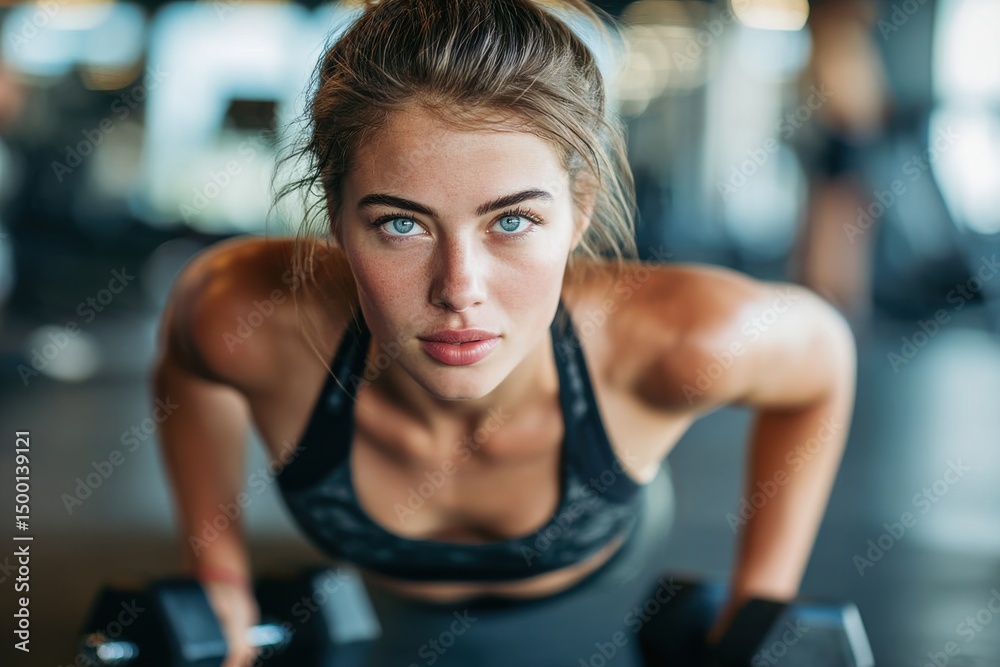 Focused fitness: Determined woman engages in dumbbell exercises at the gym, enhancing her strength and wellness in a modern, athletic environment. Focused fitness: Determined woman engages in dumbbell exercises at the gym, enhancing her strength and wellness in a modern, athletic environment.