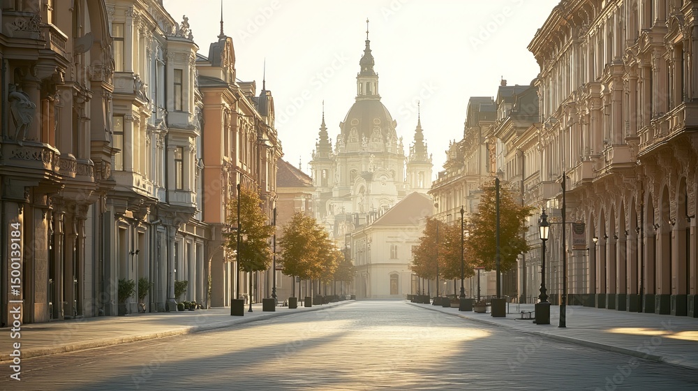Obraz premium Empty city street leads to a large ornate church under a hazy, bright sky, lined with trees and classic European architecture.