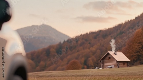 Cozy Cabin With Smoking Chimney Surrounded by Autumn Forest in Scenic Mountai...