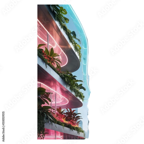 Modern architecture building design with plants and neon lights facade design idea