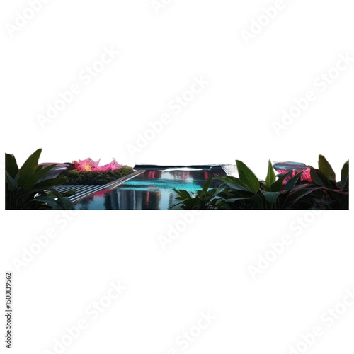 Pink lotus flower and tropical plants in a futuristic pool landscape design