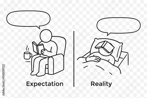  Expectation vs Reality Doodle Comic – Minimalist Line Art of Reading vs Falling Asleep with Book