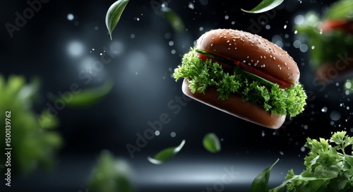 Delicious Burger With Fresh Ingredients on a Dark Background With Festive Lights