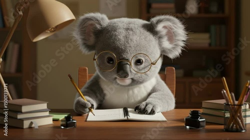 Cute koala character writing in notebook at a cozy desk  