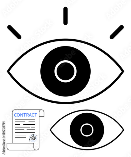 Eye graphic with focus lines and closed eye below, alongside a signed contract document. Ideal for surveillance, privacy, security, legal obligations, compliance, agreement terms, simple landing page