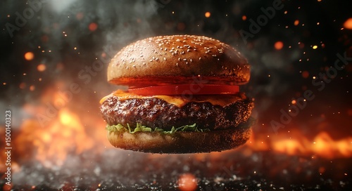 Juicy Hamburger With Fresh Ingredients Floating in Smoky Background